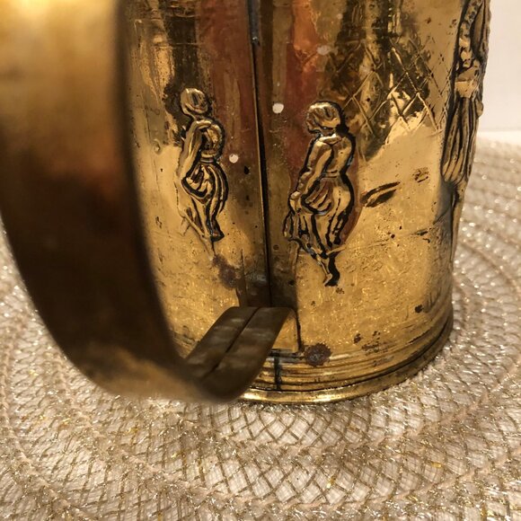 Vintage Brass Decorative Watering Can With Embossed Colonial Scene Design - Picture 3 of 14